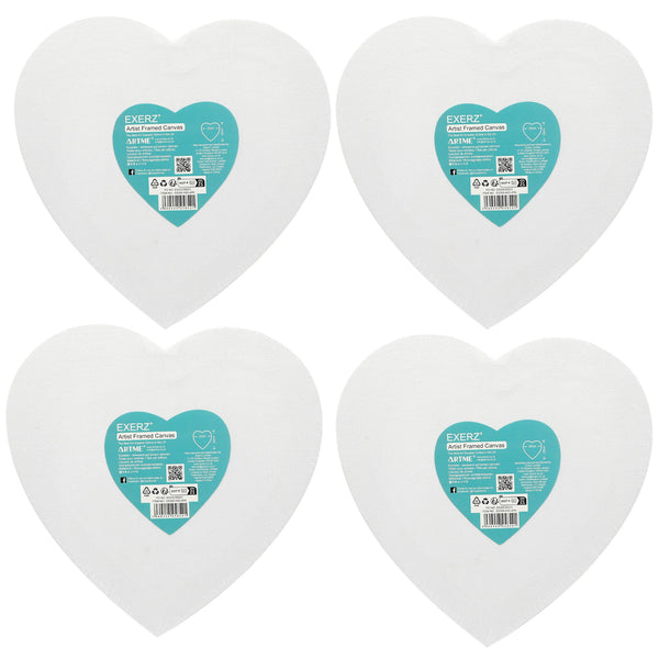 Exerz 20cm Heart Shape Stretched Canvas 4 Pack - 1.7cm 280GSM/ 100% Cotton Blank/Triple Primed