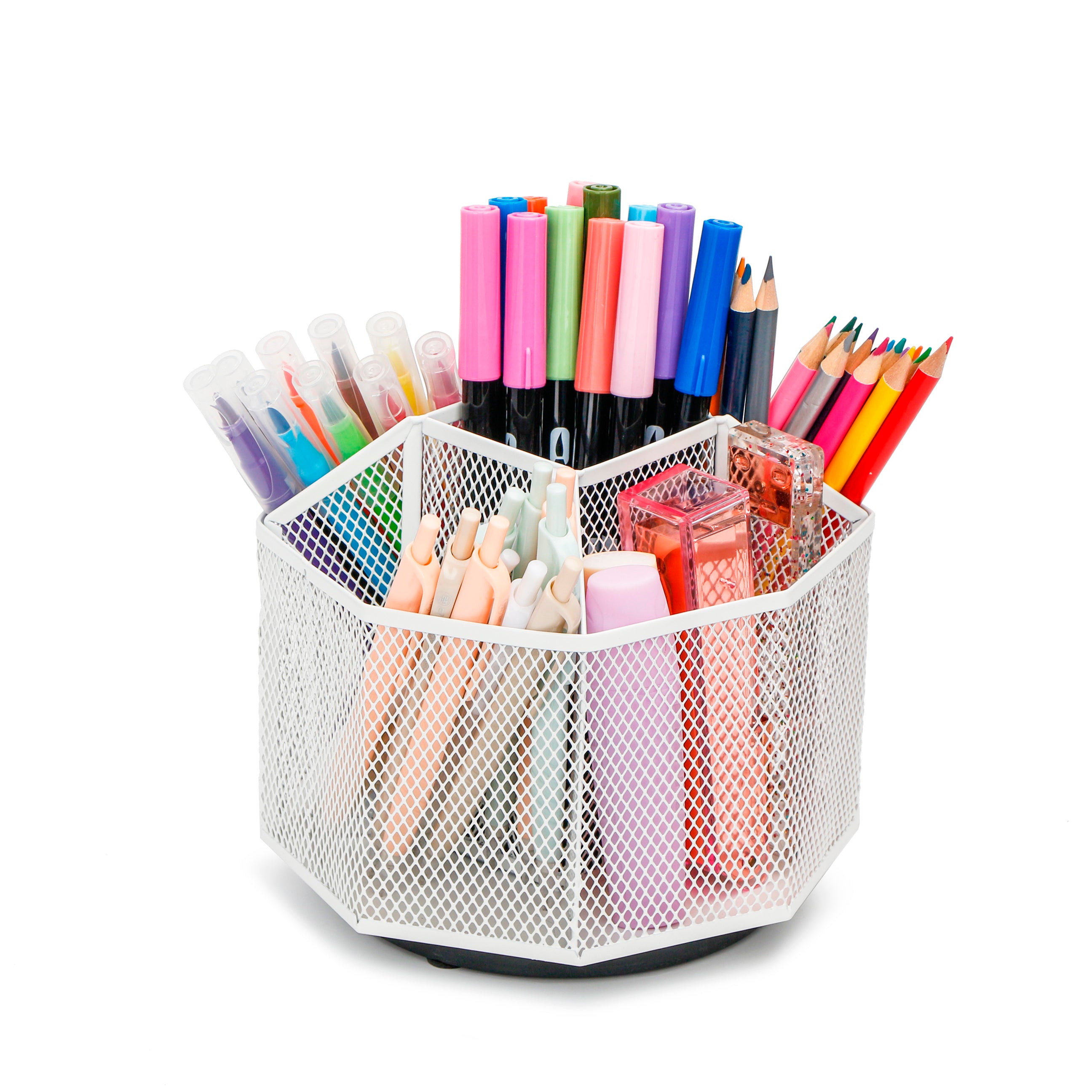 EXERZ Desk Organiser/Mesh Desk Tidy Caddy/Pencil Holder/Multifunctional 360 Rotating -White