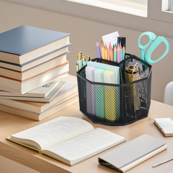EXERZ Desk Organiser/Mesh Desk Tidy Caddy/Pencil Holder/Multifunctional 360 Rotating - Black