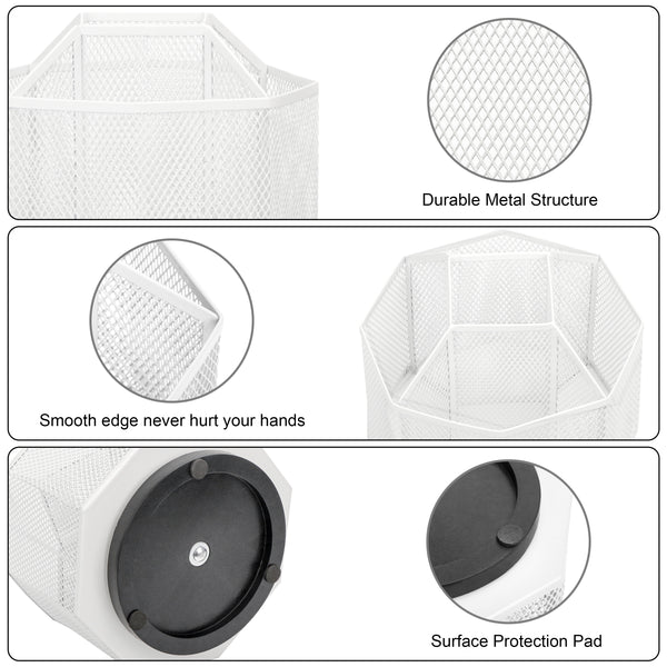 EXERZ Desk Organiser/Mesh Desk Tidy Caddy/Pencil Holder/Multifunctional 360 Rotating -White