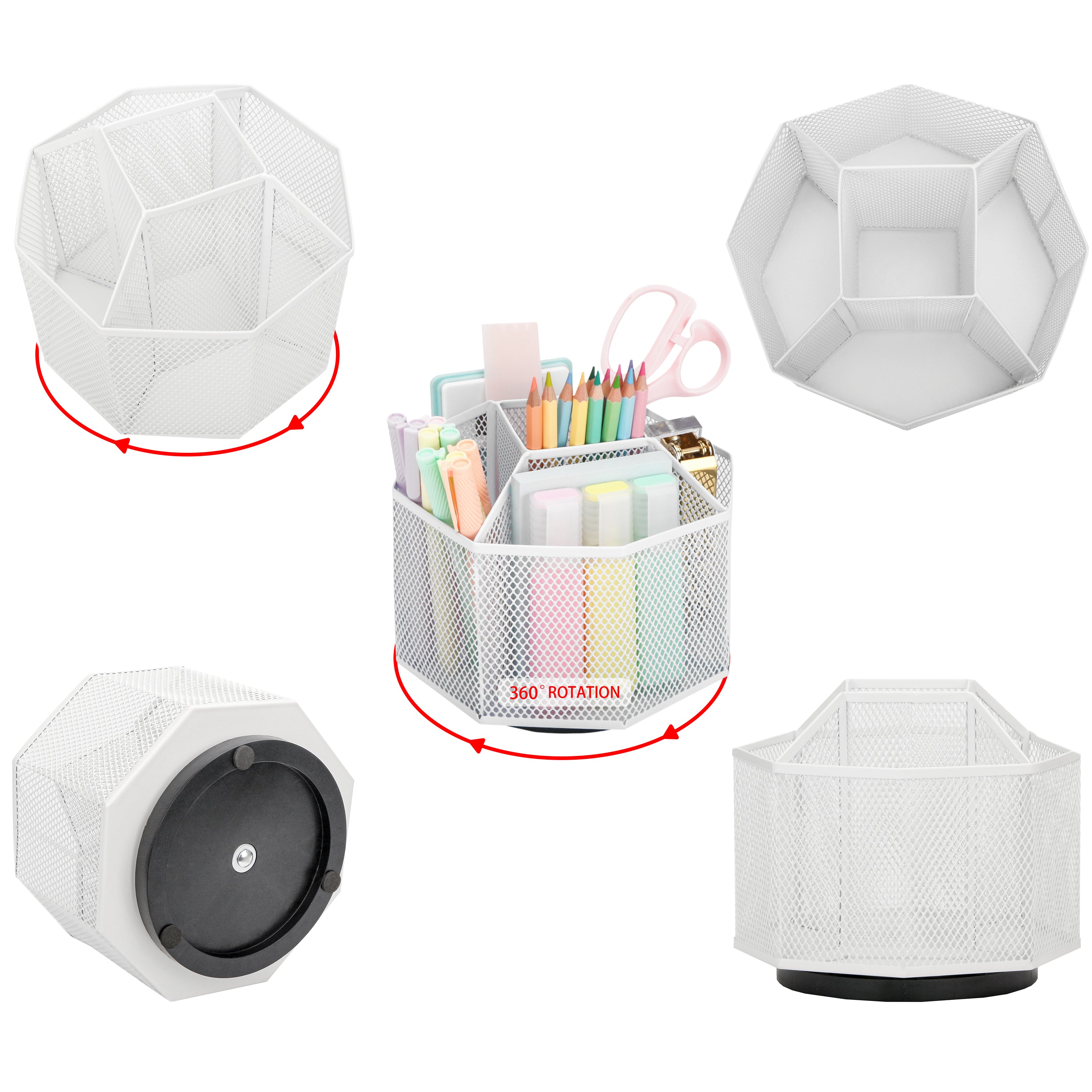 EXERZ Desk Organiser/Mesh Desk Tidy Caddy/Pencil Holder/Multifunctional 360 Rotating -White