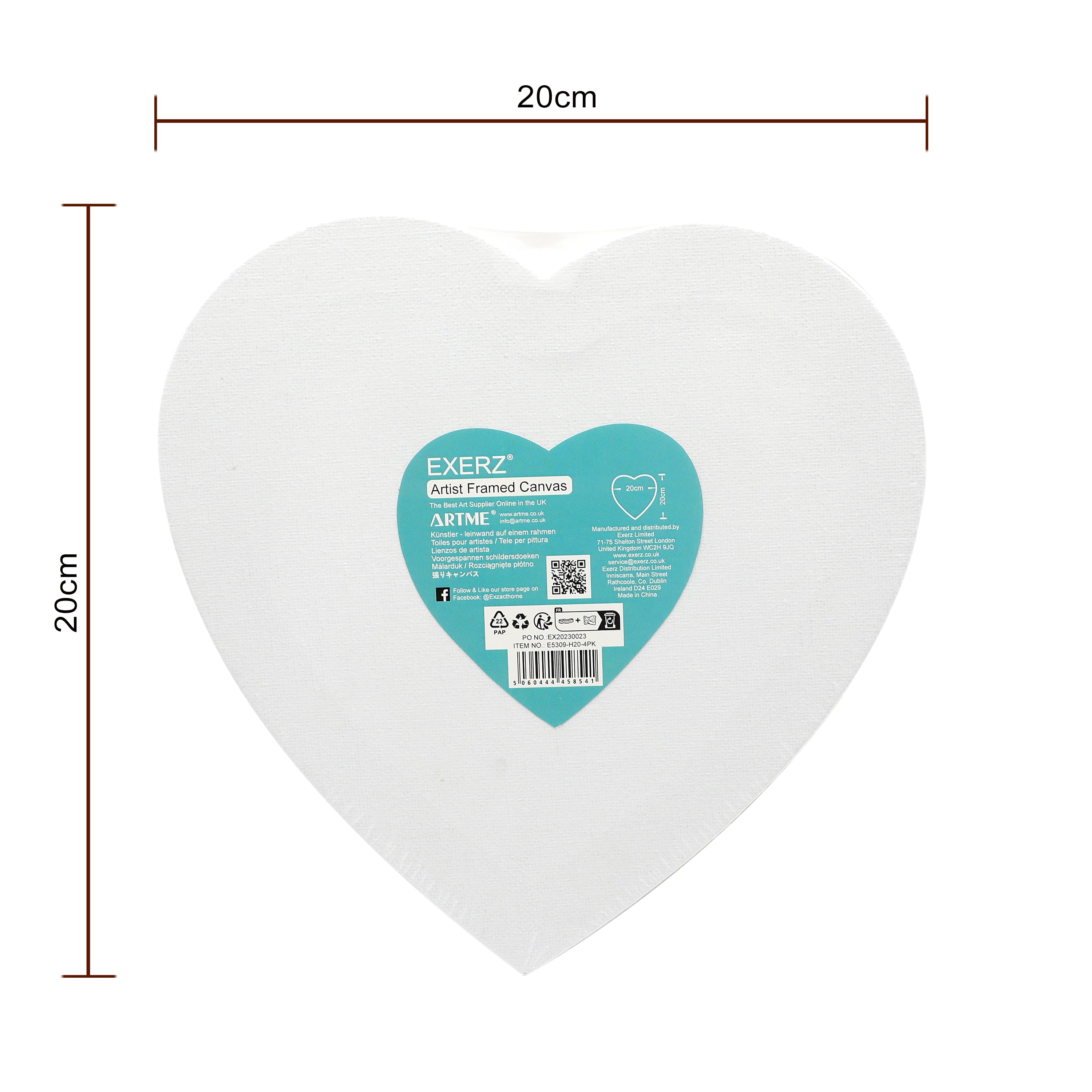 Exerz 20cm Heart Shape Stretched Canvas 4 Pack - 1.7cm 280GSM/ 100% Cotton Blank/Triple Primed