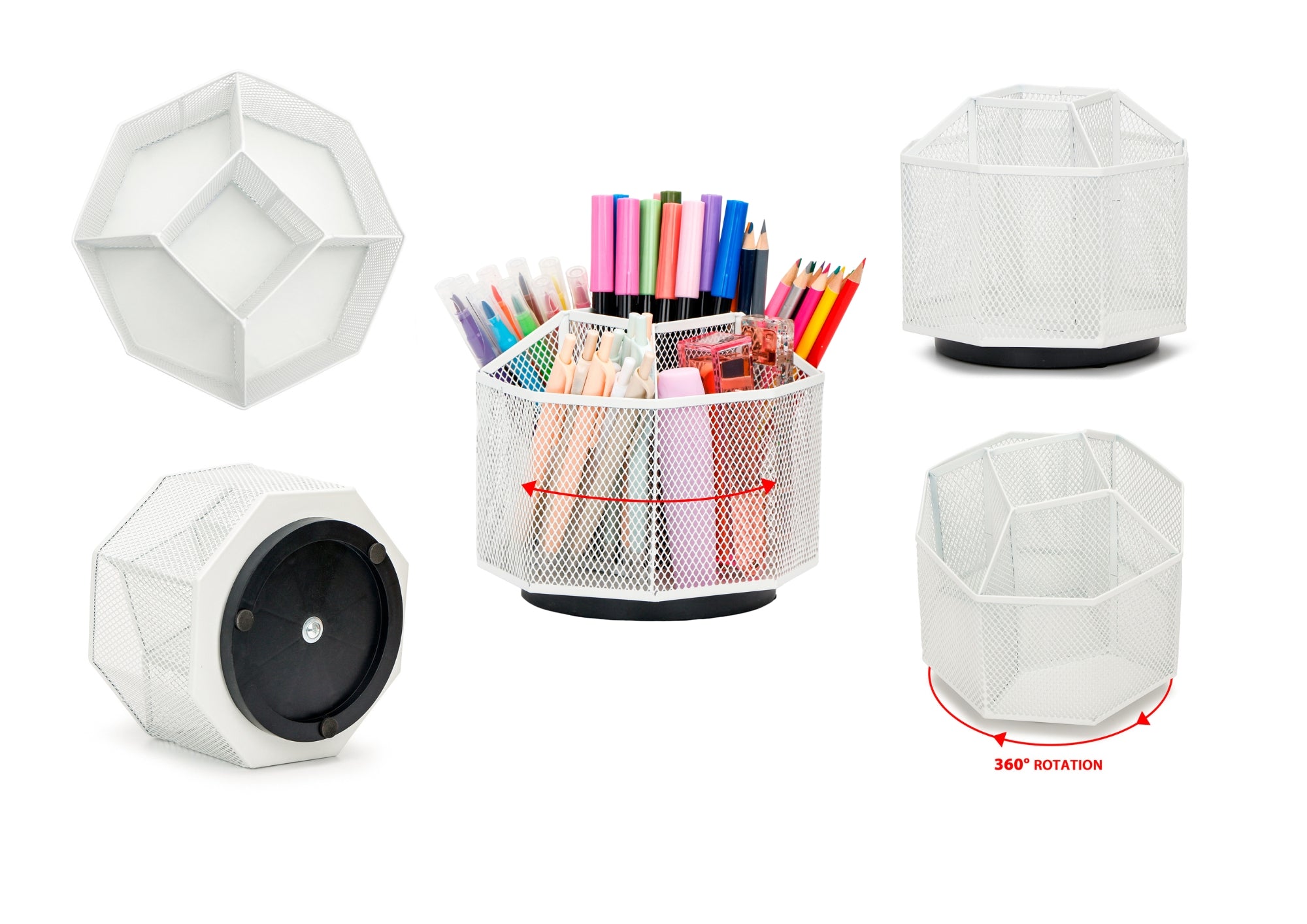 EXERZ Desk Organiser/Mesh Desk Tidy Caddy/Pencil Holder/Multifunctional 360 Rotating -White