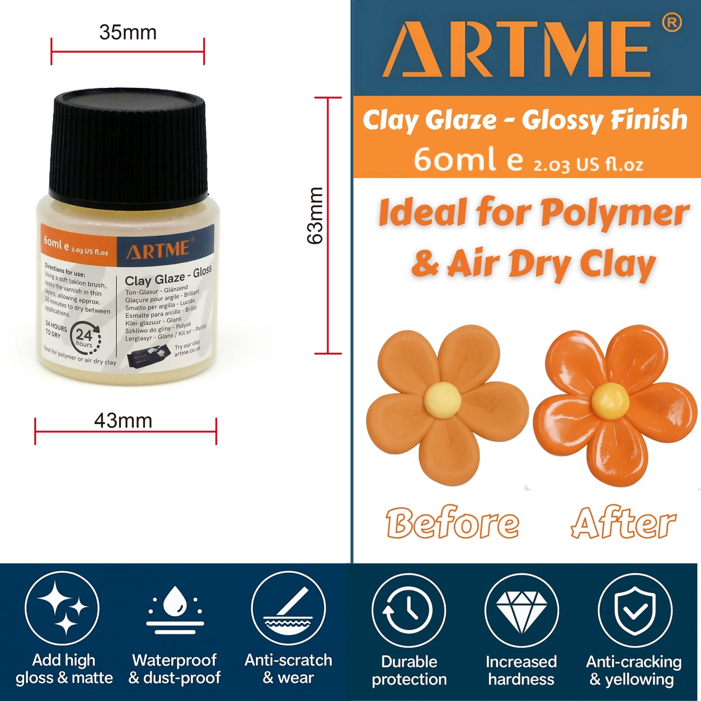 ARTME Clay Glaze Gloss 60ml, Shiny for Polymer Clay, Air-Dry Clay & Pottery,