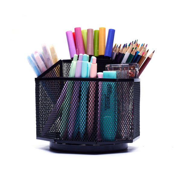 EXERZ Desk Organiser/Mesh Desk Tidy Caddy/Pencil Holder/Multifunctional 360 Rotating - Black