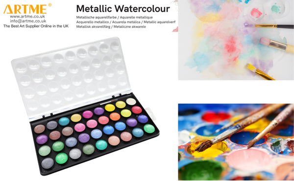 Artme Metallic Watercolour Painting Cake Palettes with an Artist Brush - 36 Vibrant Colours