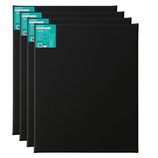 Exerz 40x50cm Black Canvas 1.7cm Stretched Artist Canvas - 280GSM 100% Cotton - 4PK