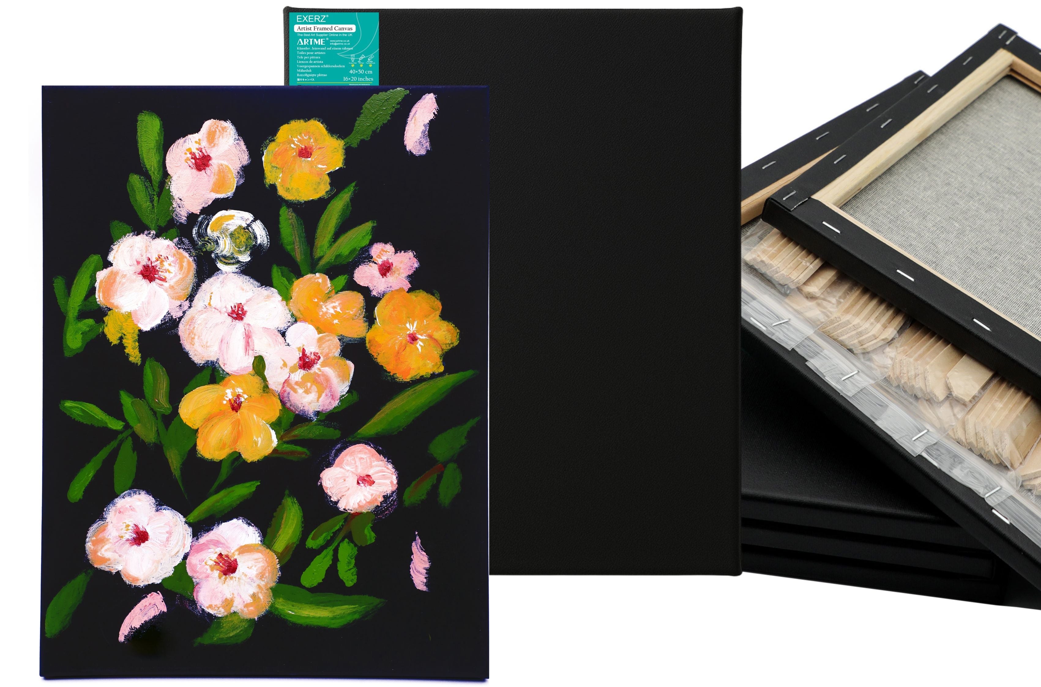 Exerz 40x50cm Black Canvas 1.7cm Stretched Artist Canvas - 280GSM 100% Cotton - 4PK