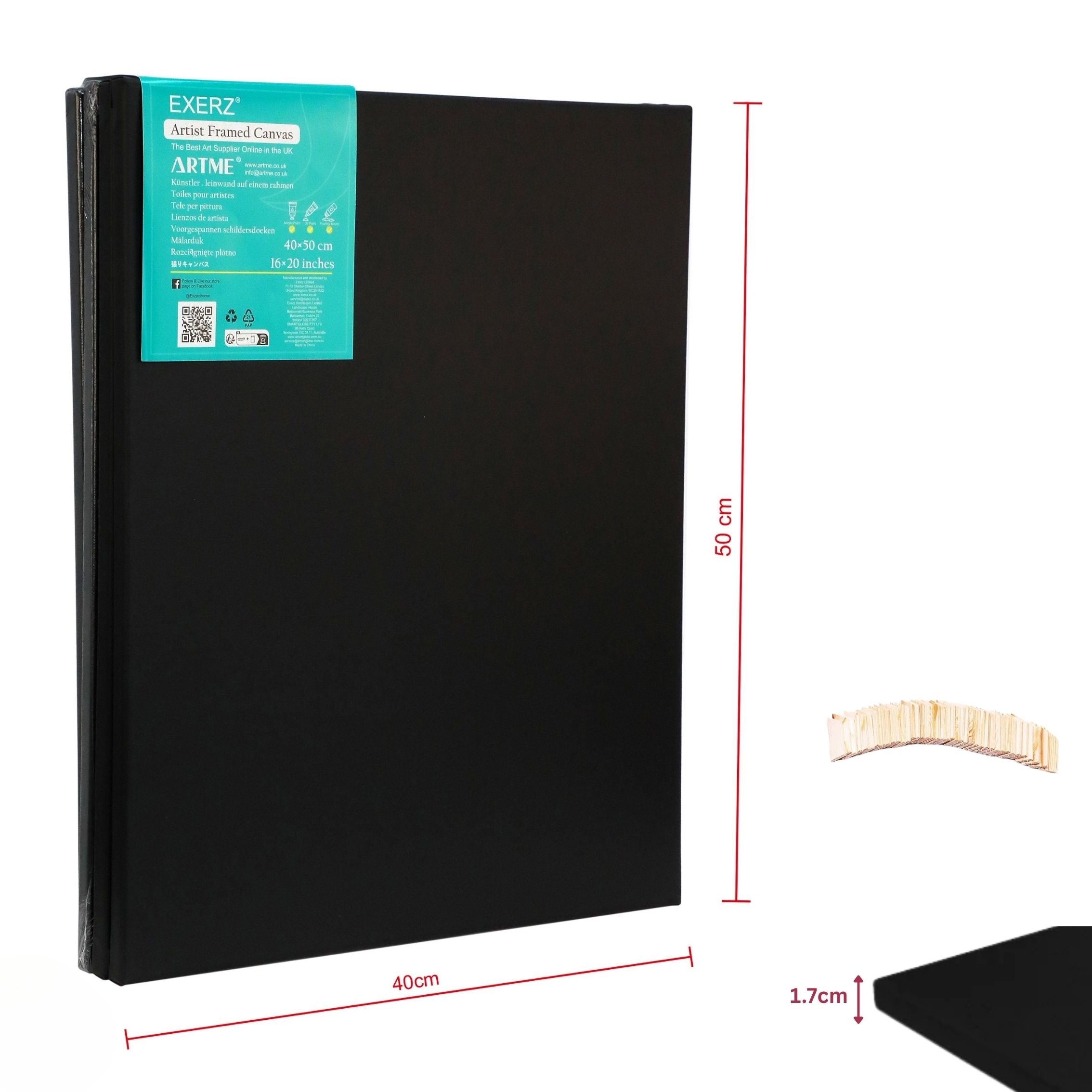 Exerz 40x50cm Black Canvas 1.7cm Stretched Artist Canvas - 280GSM 100% Cotton - 4PK