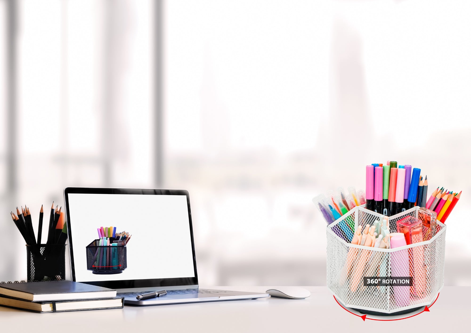 EXERZ Desk Organiser/Mesh Desk Tidy Caddy/Pencil Holder/Multifunctional 360 Rotating -White