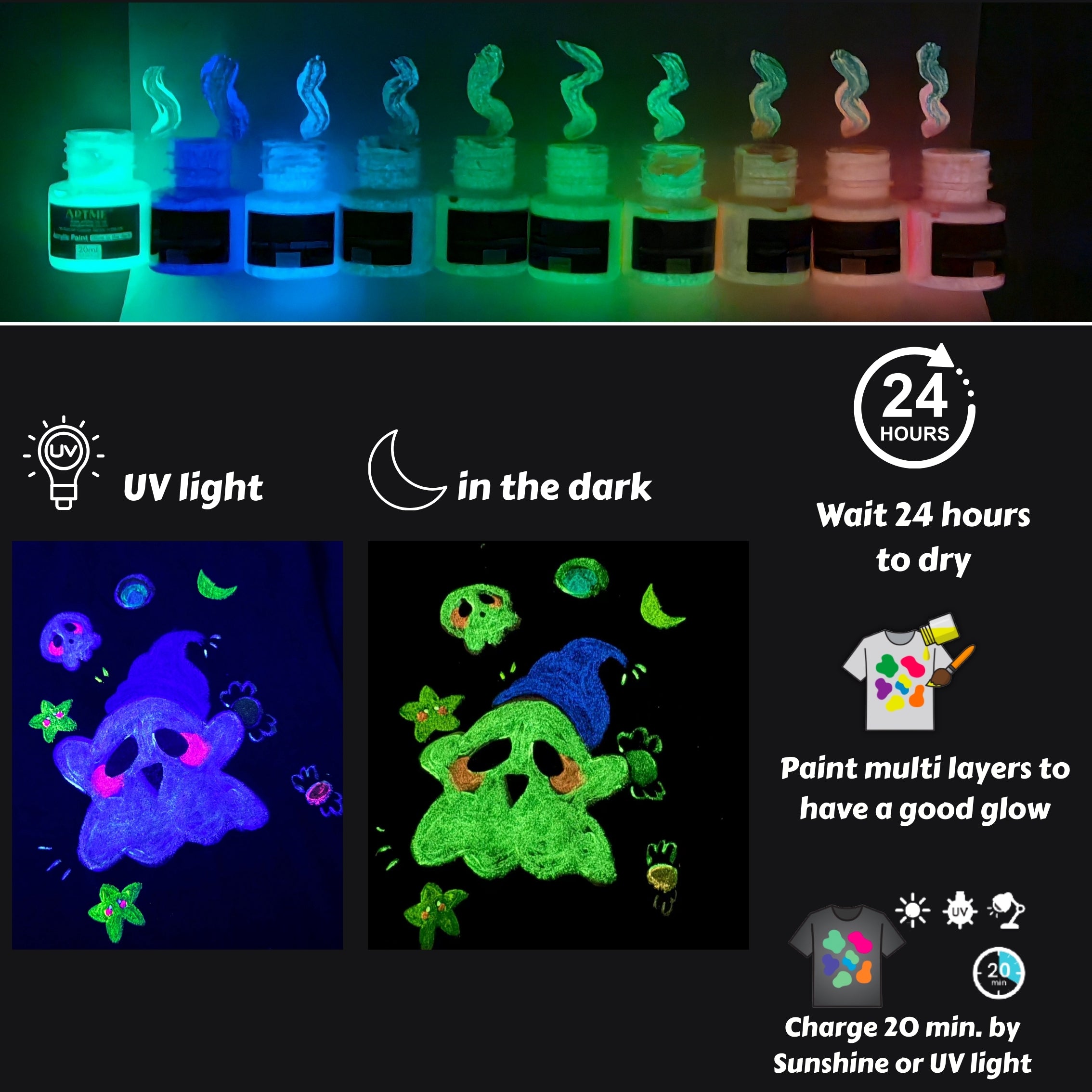 ARTME Glow in the Dark Textile Paint 20ml x10pcs