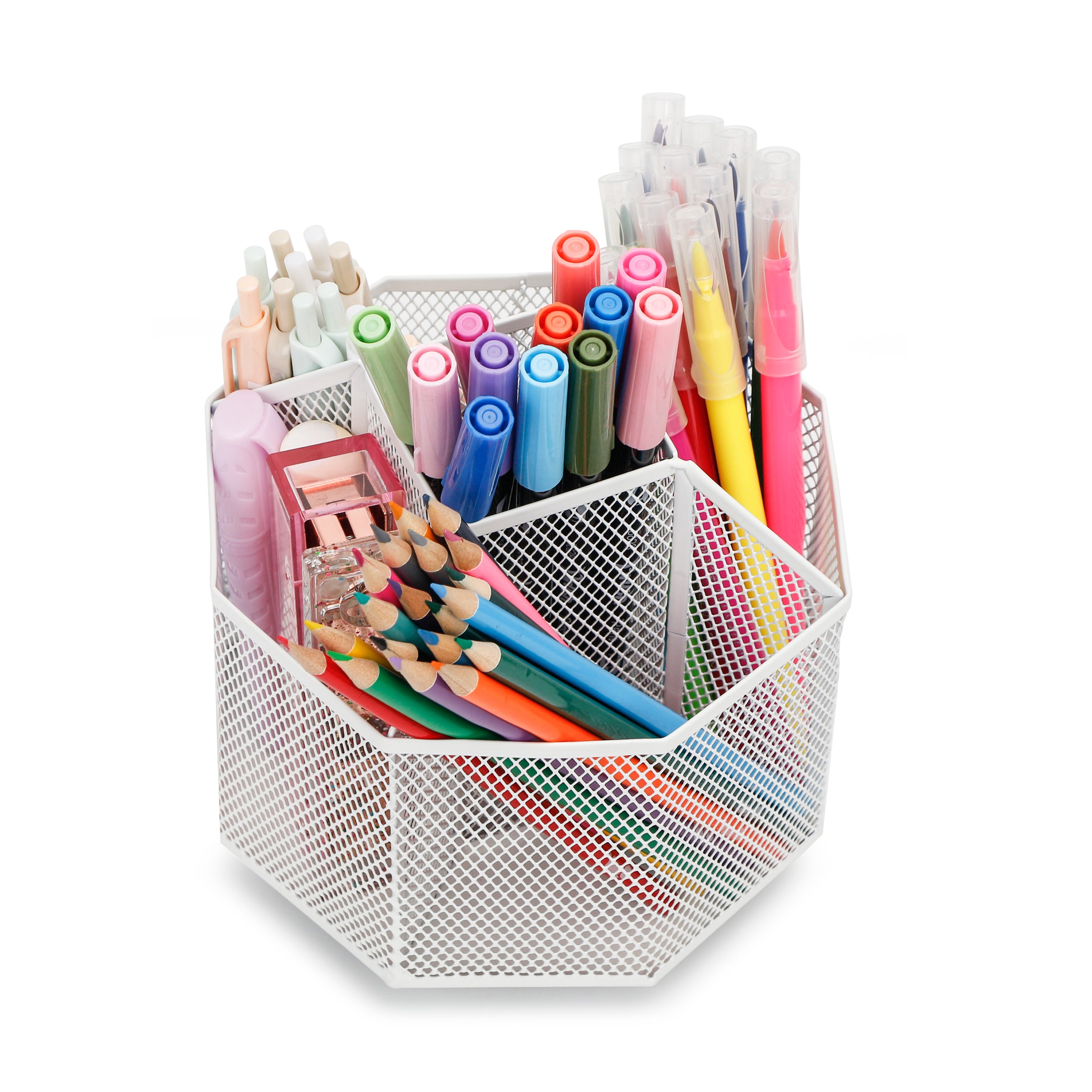 EXERZ Desk Organiser/Mesh Desk Tidy Caddy/Pencil Holder/Multifunctional 360 Rotating -White