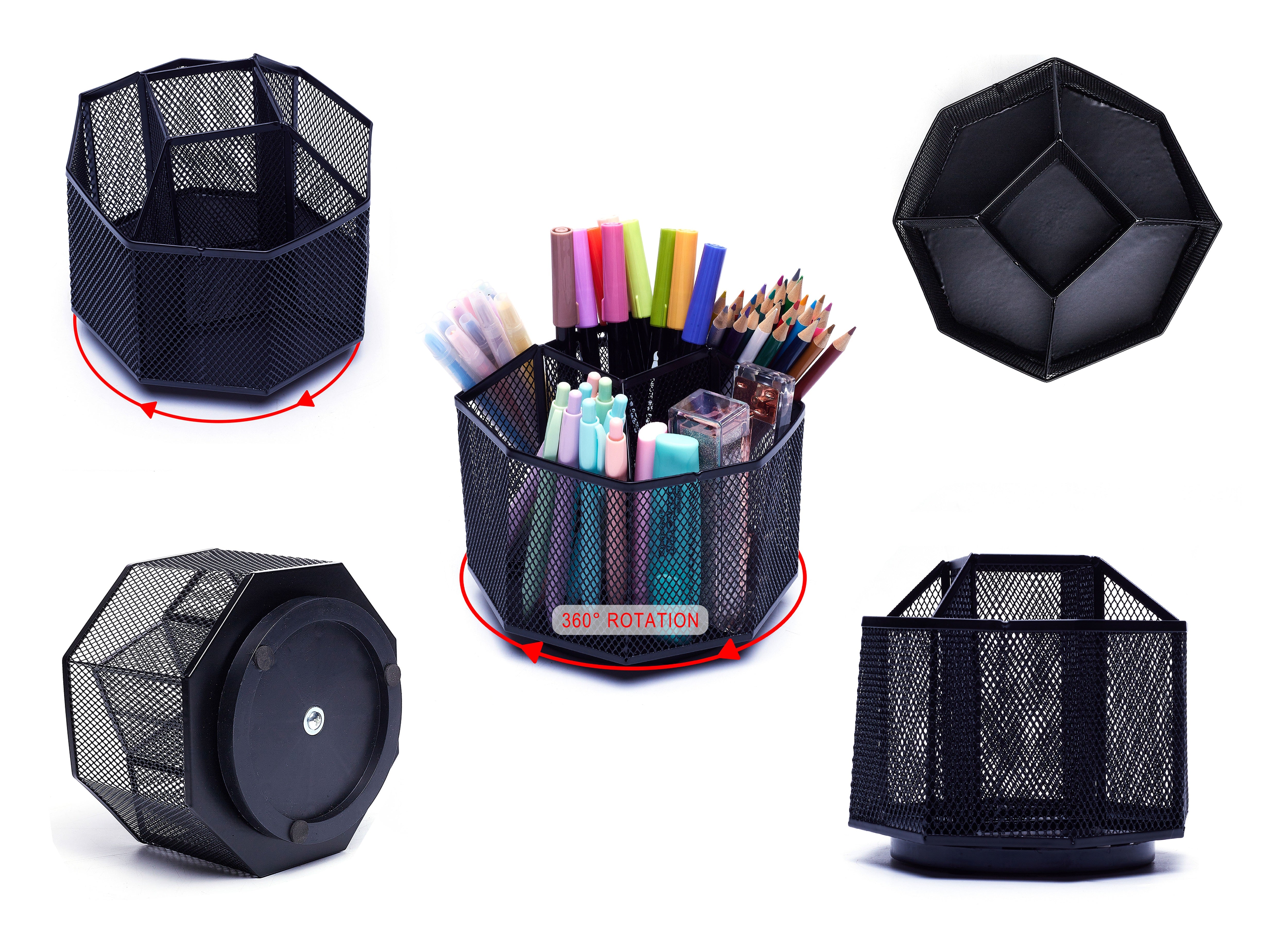 EXERZ Desk Organiser/Mesh Desk Tidy Caddy/Pencil Holder/Multifunctional 360 Rotating - Black
