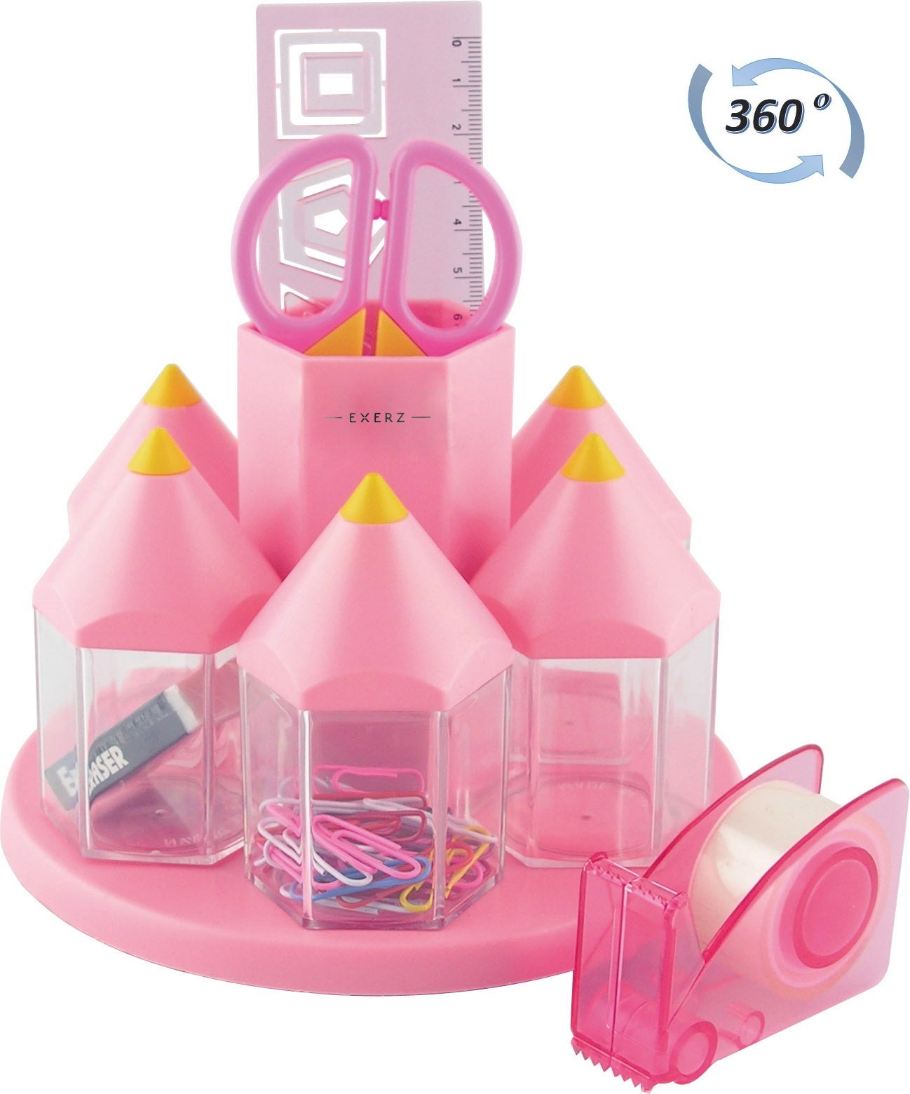 EXERZ Rotary Desk Organiser Pen Tidy Set with 5 Accessory Boxes -with Safety Scissors (NOT Sharp), Ruler, Tape Dispenser, Eraser, Clips - Pink