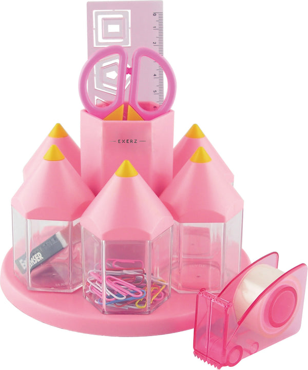 EXERZ Rotary Desk Organiser Pen Tidy Set with 5 Accessory Boxes -with Safety Scissors (NOT Sharp), Ruler, Tape Dispenser, Eraser, Clips - Pink