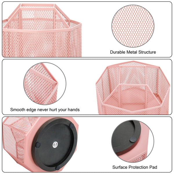 EXERZ Desk Organiser/Mesh Desk Tidy Caddy/Pencil Holder/Multifunctional 360 Rotating - Light Pink
