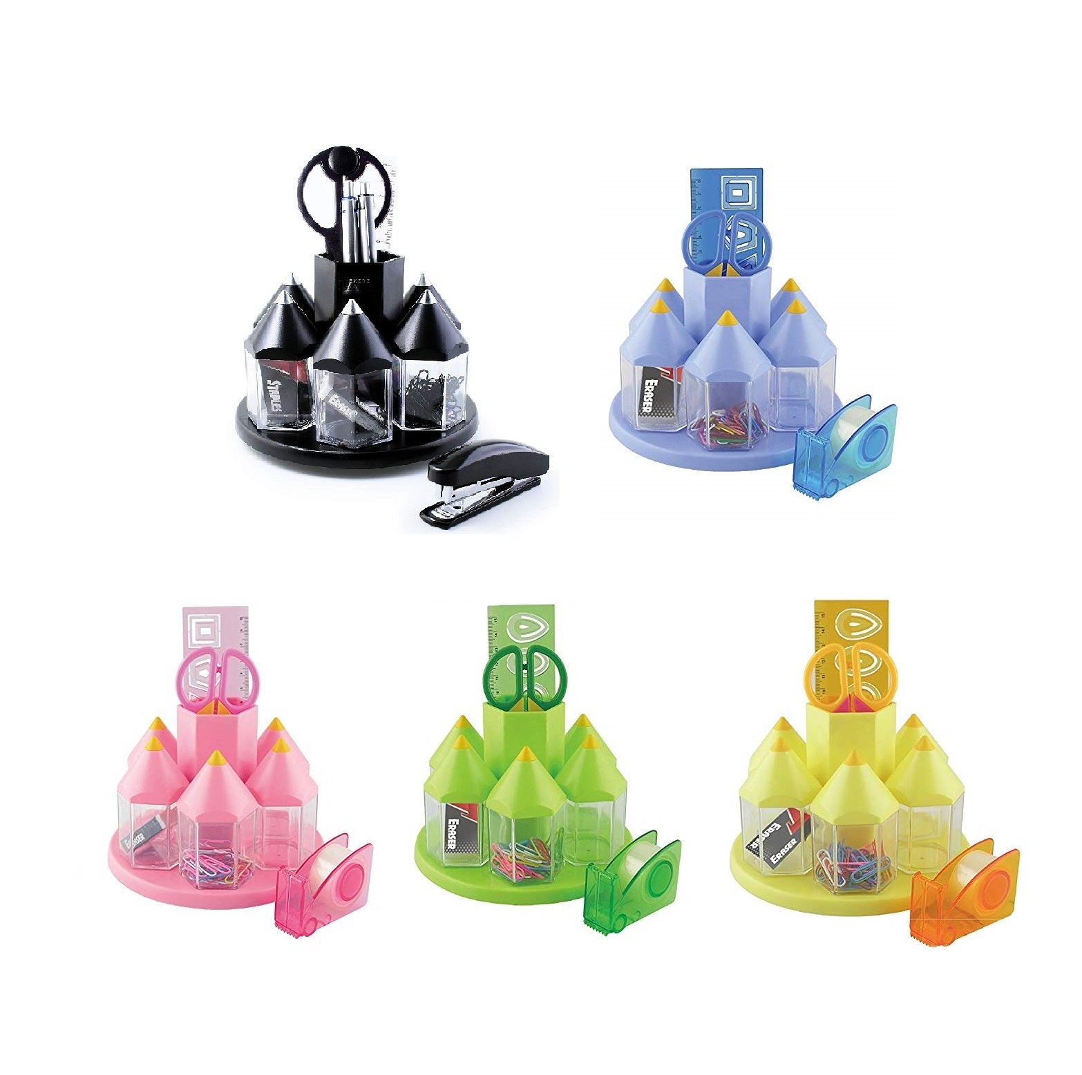 EXERZ Rotary Desk Organiser Pen Tidy Set with 5 Accessory Boxes -with Safety Scissors (NOT Sharp), Ruler, Tape Dispenser, Eraser, Clips - Pink