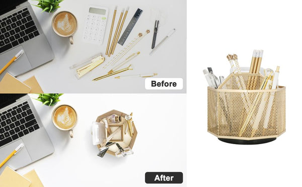 EXERZ Desk Organiser/Mesh Desk Tidy Caddy/Pencil Holder/Multifunctional 360 Rotating - Golden