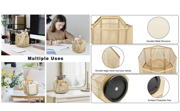 EXERZ Desk Organiser/Mesh Desk Tidy Caddy/Pencil Holder/Multifunctional 360 Rotating - Golden