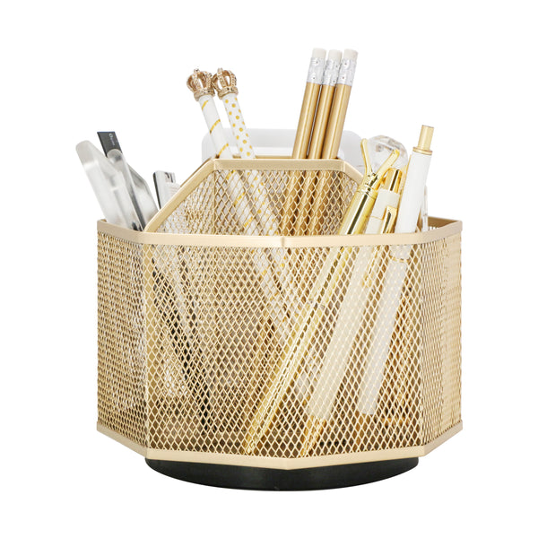 EXERZ Desk Organiser/Mesh Desk Tidy Caddy/Pencil Holder/Multifunctional 360 Rotating - Golden