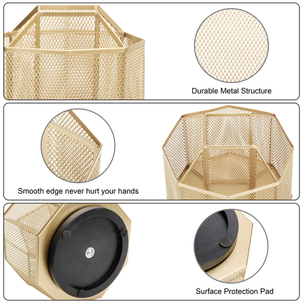 EXERZ Desk Organiser/Mesh Desk Tidy Caddy/Pencil Holder/Multifunctional 360 Rotating - Golden