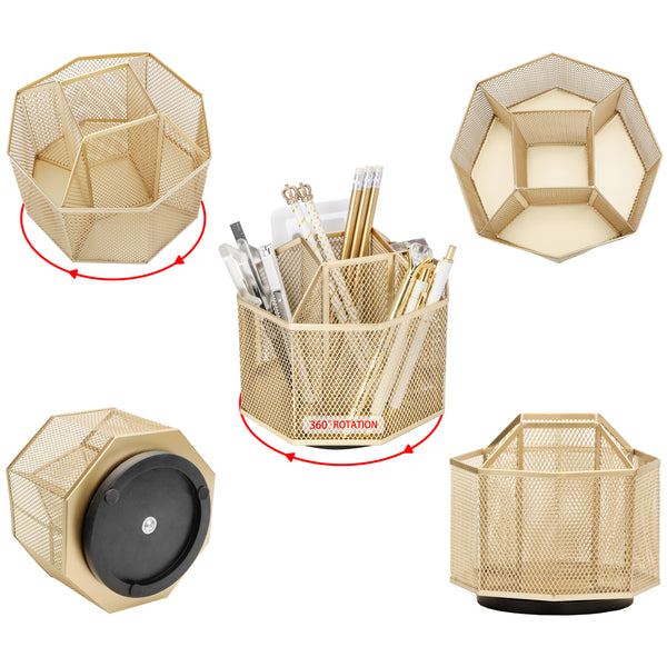 EXERZ Desk Organiser/Mesh Desk Tidy Caddy/Pencil Holder/Multifunctional 360 Rotating - Golden