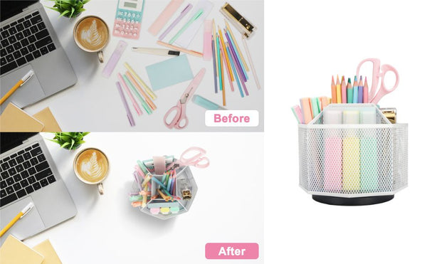 EXERZ Desk Organiser/Mesh Desk Tidy Caddy/Pencil Holder/Multifunctional 360 Rotating -White