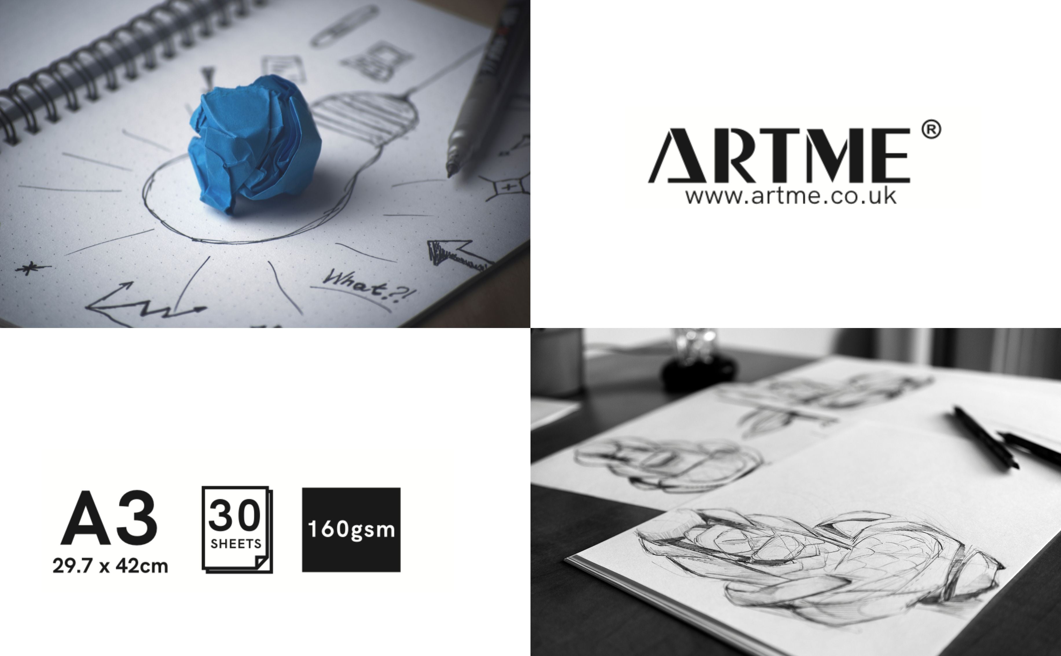 Artme A3 Sketch Pad, 30 Sheets 160gsm, Spiral Bound, Sketchbook - 1pk