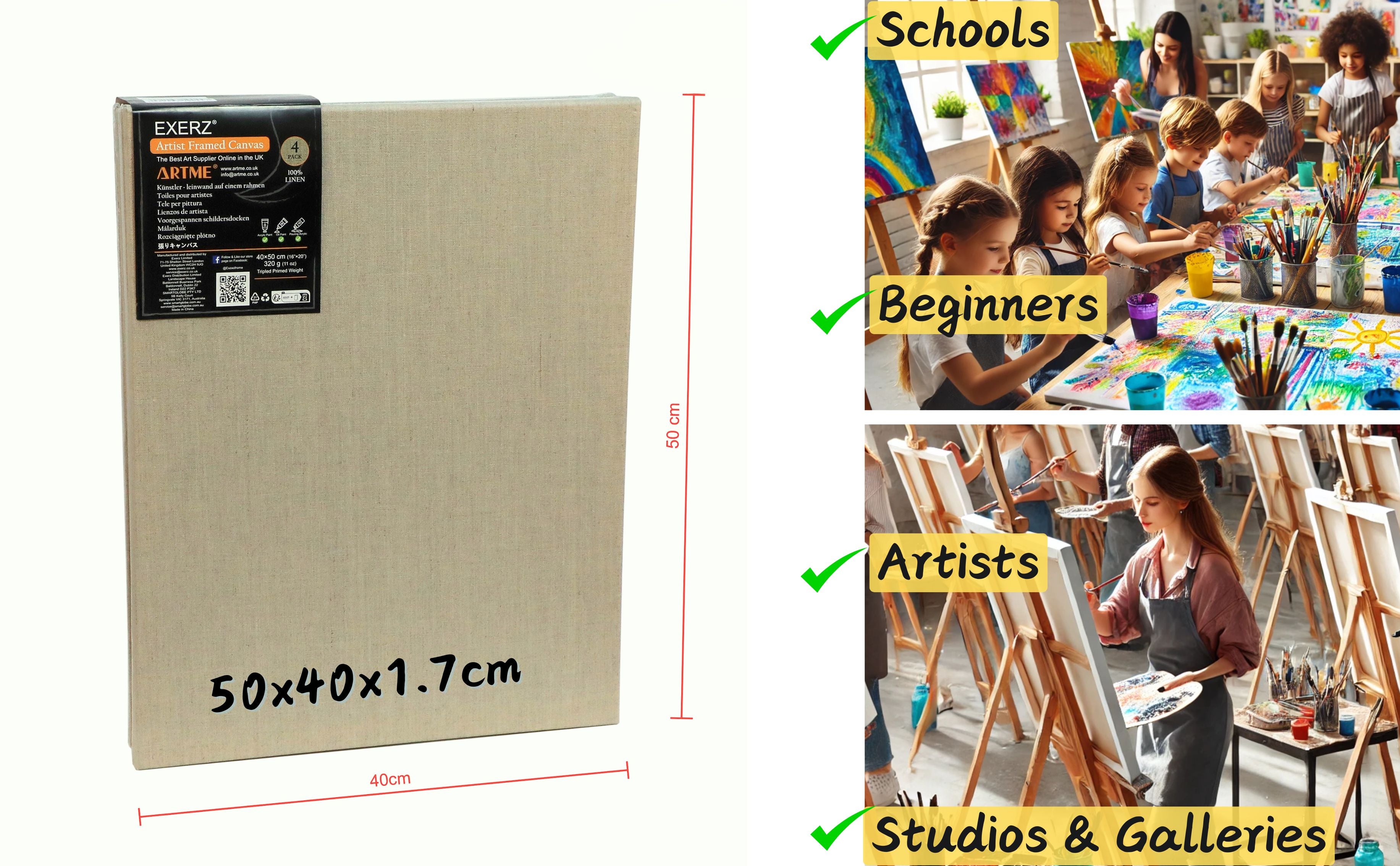 Exerz 40x50cm Linen Stretched Canvas 4pk 1.7cm 280GSM