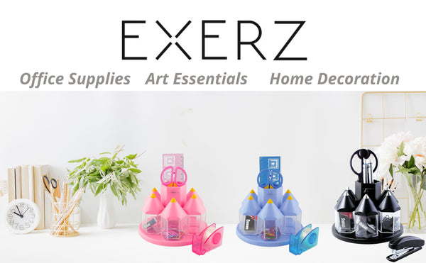 EXERZ Rotary Desk Organiser Pen Tidy Set with 5 Accessory Boxes -with Safety Scissors (NOT Sharp), Ruler, Tape Dispenser, Eraser, Clips - Pink
