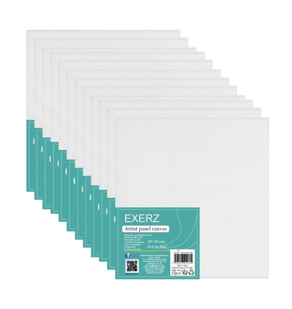 Exerz 20x20cm Canvas Panels 12pcs 3mm Blank Artist Canvas Board 280gsm 100% Cotton