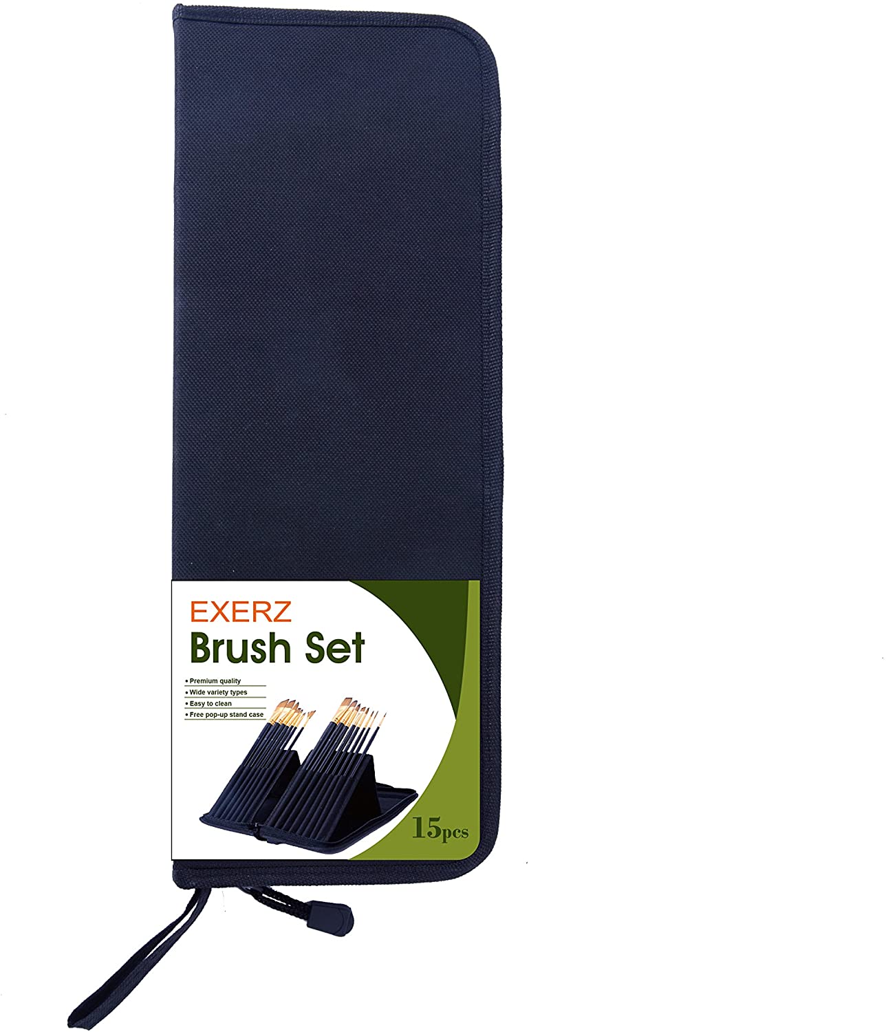 Exerz Artist Paint Brush Set 15pcs in a Case with Pop-up Stand - Perfect for Acrylic Oil Gouache Water Colours & Face Paint