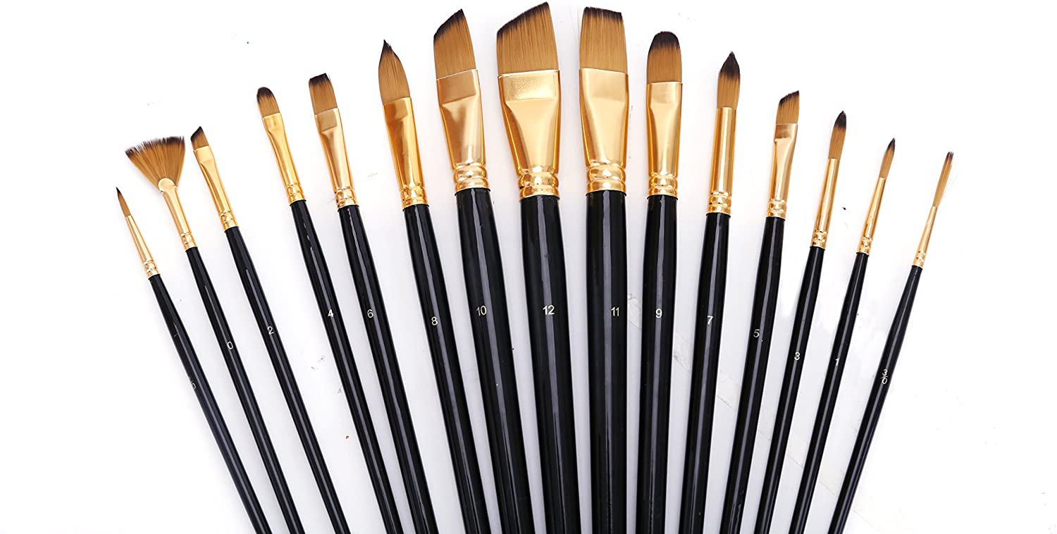 Exerz Artist Paint Brush Set 15pcs in a Case with Pop-up Stand - Perfect for Acrylic Oil Gouache Water Colours & Face Paint
