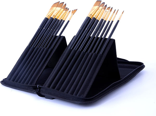 Exerz Artist Paint Brush Set 15pcs in a Case with Pop-up Stand - Perfect for Acrylic Oil Gouache Water Colours & Face Paint