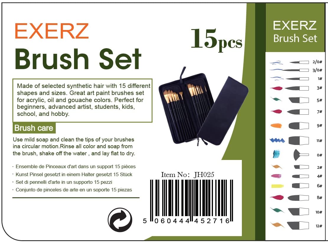 Exerz Artist Paint Brush Set 15pcs in a Case with Pop-up Stand - Perfect for Acrylic Oil Gouache Water Colours & Face Paint
