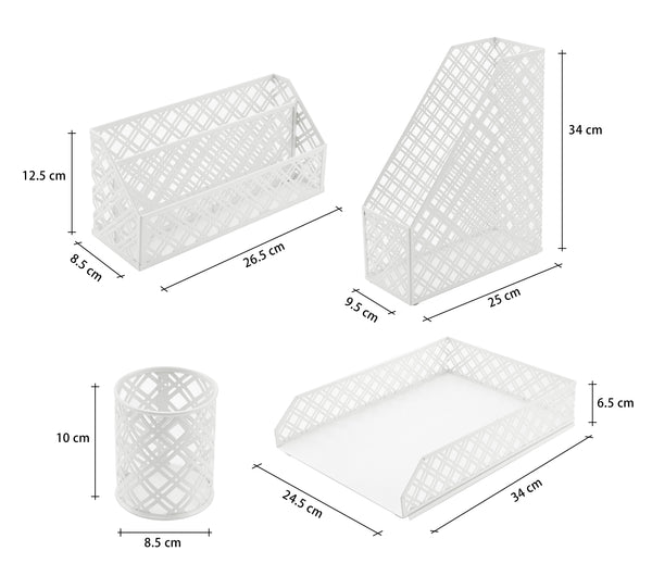 Exerz Desk Organiser 4 Pieces Office Set- Desktop Metal Mesh Filing - White
