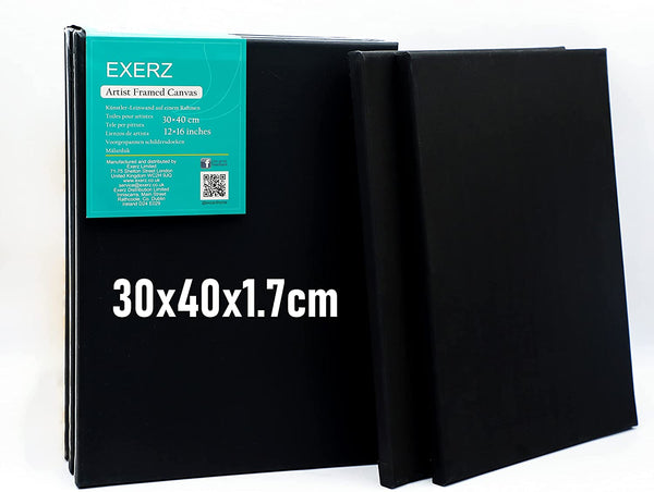 Exerz 30x40cm Black Canvas A3 1.7cm Stretched Artist Canvas - 280GSM 100% Cotton - 5PK