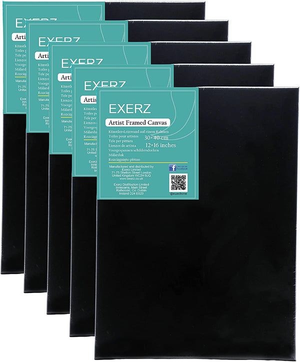 Exerz 30x40cm Black Canvas A3 1.7cm Stretched Artist Canvas - 280GSM 100% Cotton - 5PK