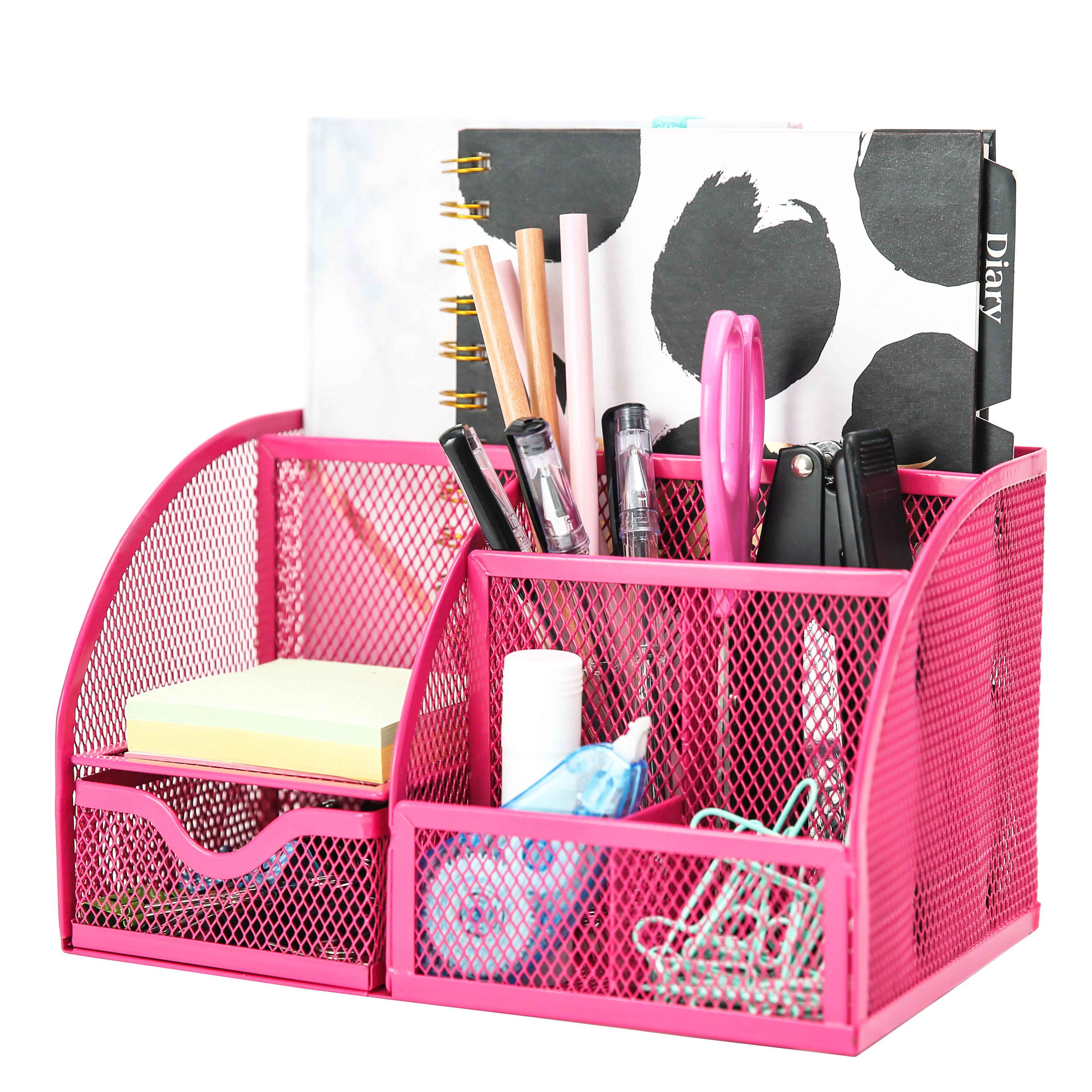 EXERZ Desk Organiser with 7 Compartments -Mesh Desk Tidy Caddy - Pink