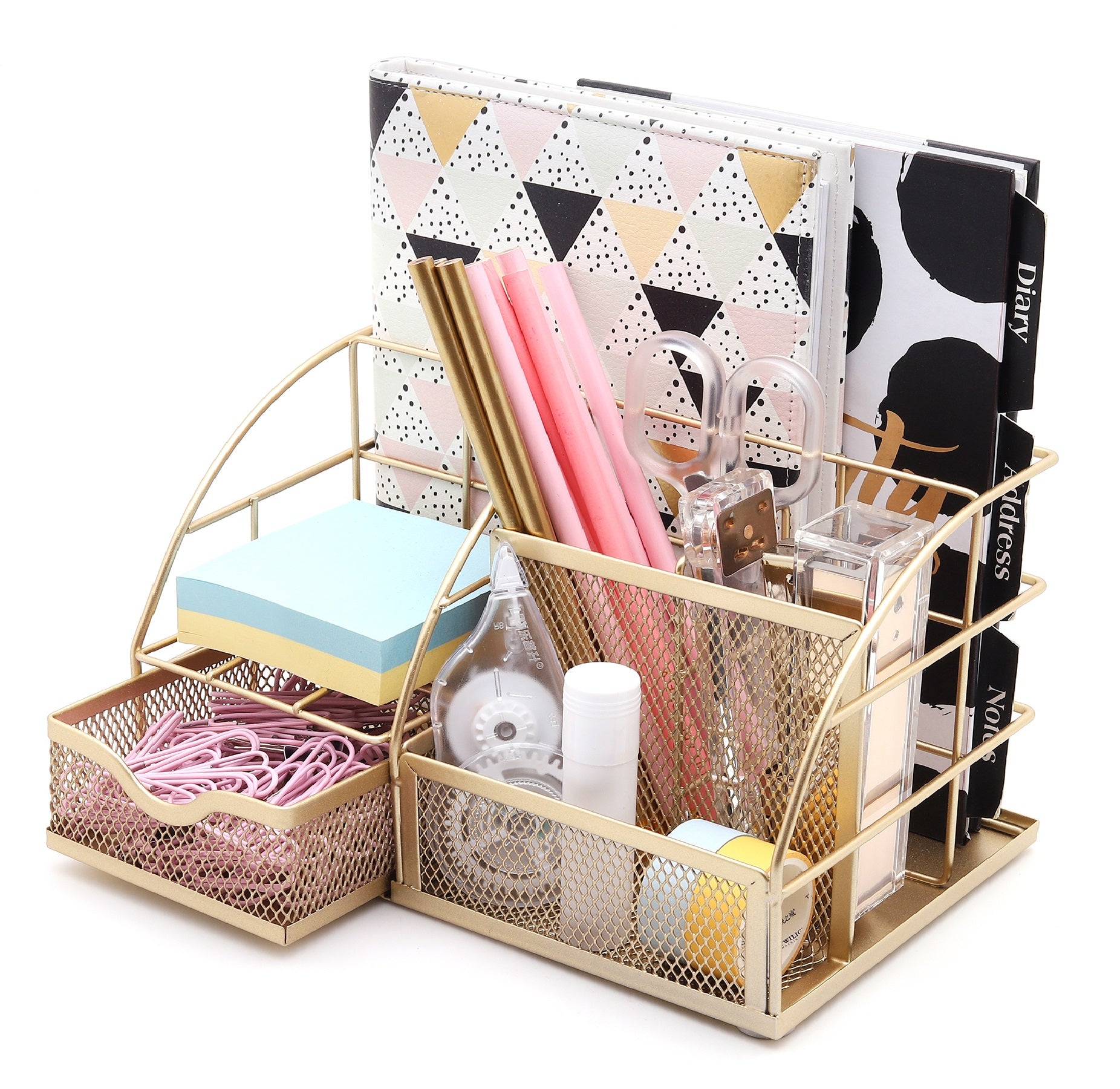 EXERZ Desk Organiser with 7 Compartments -Mesh Desk Tidy Caddy - Golden