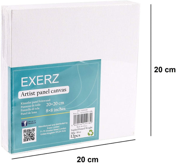 Exerz 20x20cm Canvas Panels 12pcs 3mm Blank Artist Canvas Board 280gsm 100% Cotton