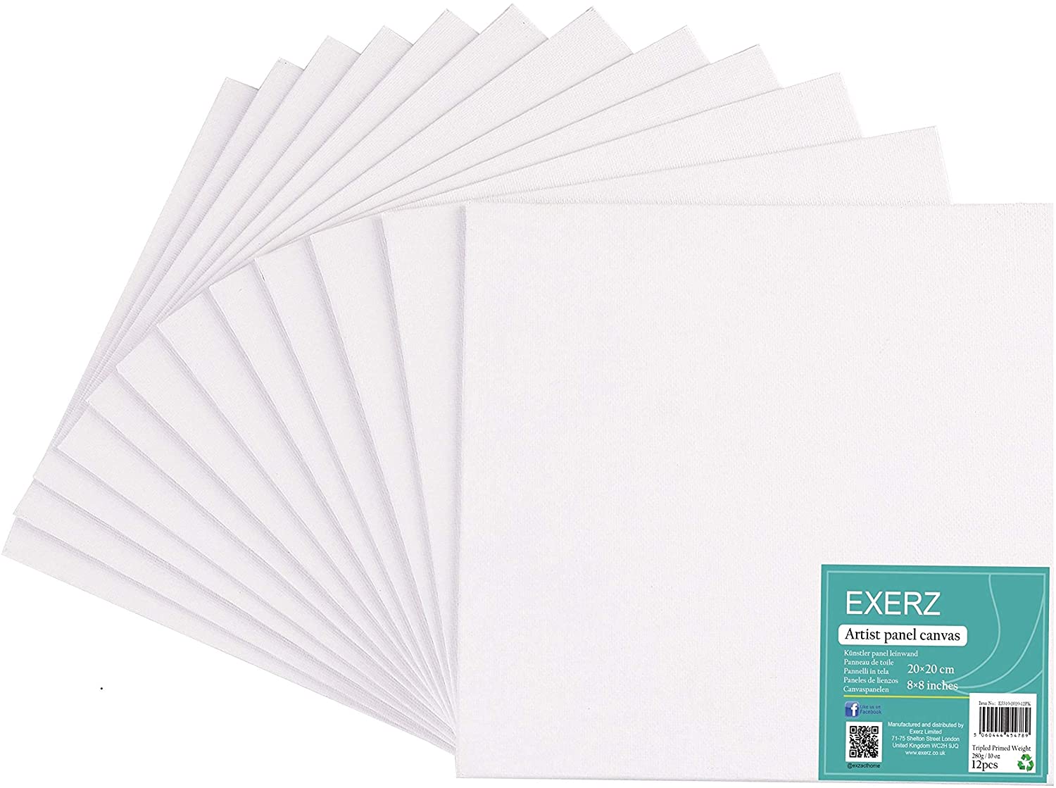 Exerz 20x20cm Canvas Panels 12pcs 3mm Blank Artist Canvas Board 280gsm 100% Cotton