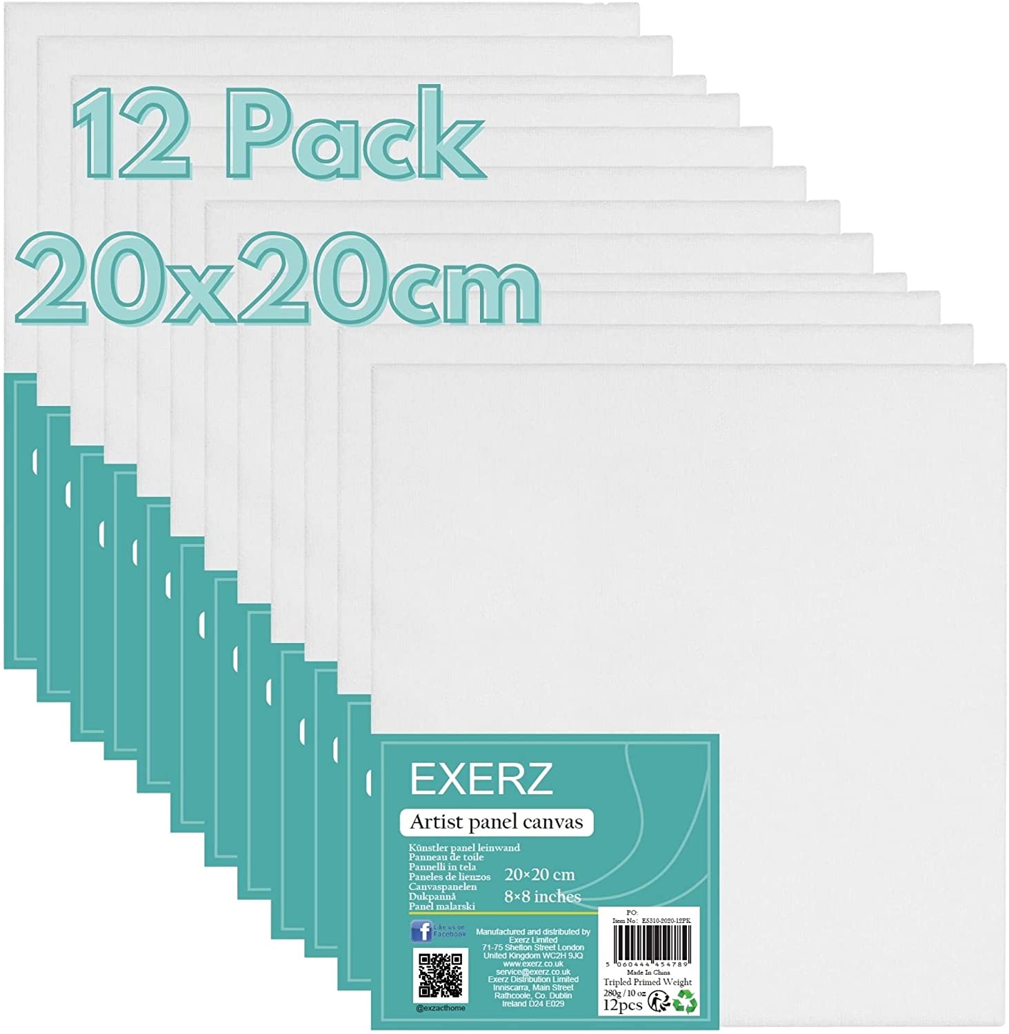 Exerz 20x20cm Canvas Panels 12pcs 3mm Blank Artist Canvas Board 280gsm 100% Cotton