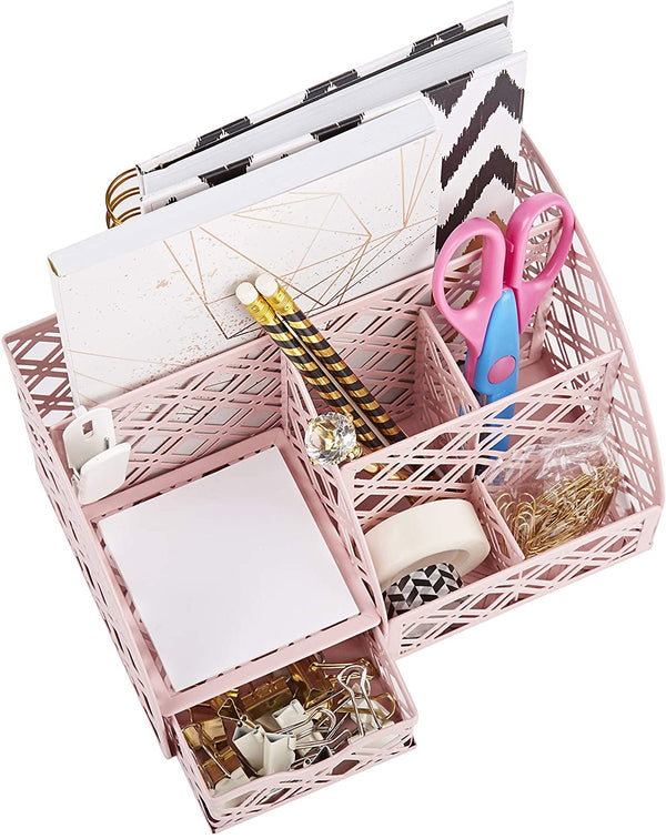 EXERZ Desk Organiser with 7 Compartments -Mesh Desk Tidy Caddy  - Light Pink