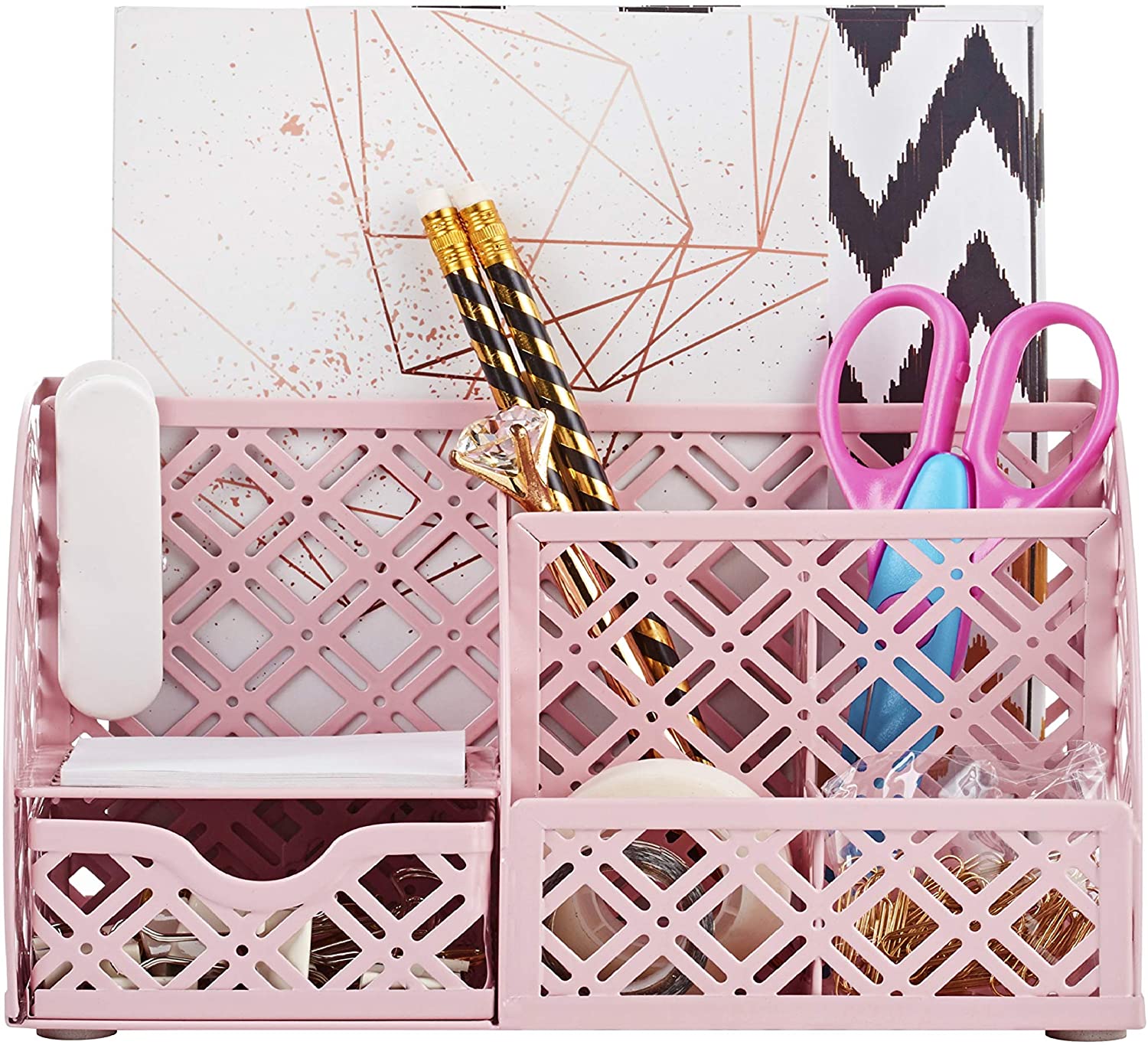 EXERZ Desk Organiser with 7 Compartments -Mesh Desk Tidy Caddy  - Light Pink