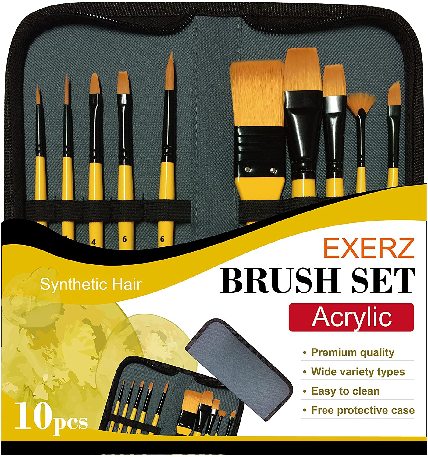 Exerz Artist Acrylic Paint Brush Set 10 pcs Synthetic Hair in a Case- Acrylic