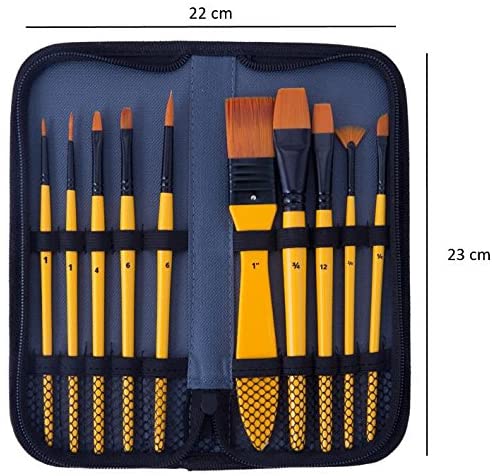 Exerz Artist Acrylic Paint Brush Set 10 pcs Synthetic Hair in a Case- Acrylic