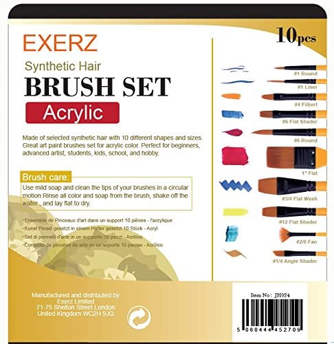 Exerz Artist Acrylic Paint Brush Set 10 pcs Synthetic Hair in a Case- Acrylic