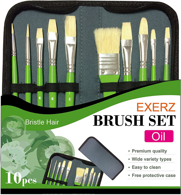 Exerz Artist Paint Brush Set – 10 pcs Professional Bristle Brushes in a Case/Perfect for Oil Colour Acrylic Gouache - Oil