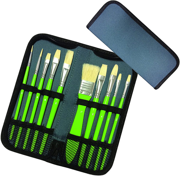 Exerz Artist Paint Brush Set – 10 pcs Professional Bristle Brushes in a Case/Perfect for Oil Colour Acrylic Gouache - Oil